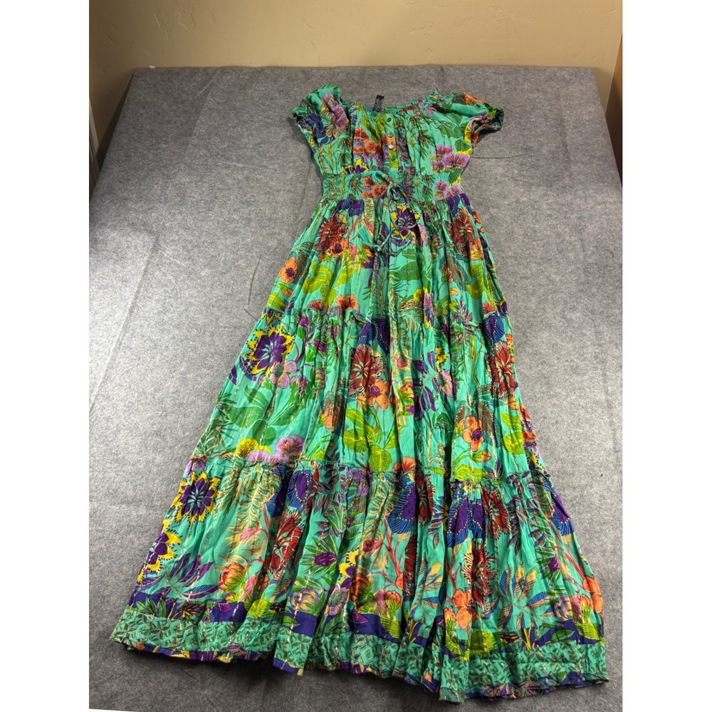 Me 2 Magic Floral Maxi Dress Green Tropical Gold Metallic Boho Smocked Womens S